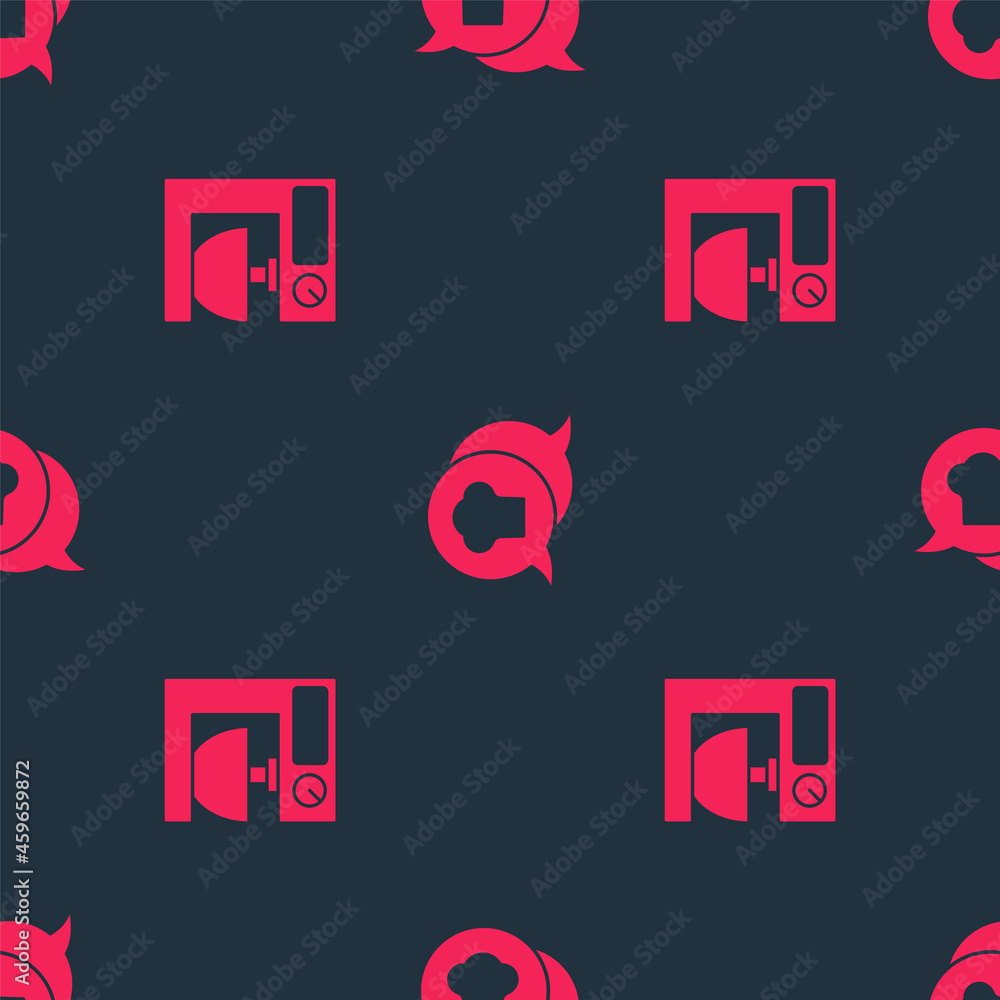 Poster set electric mixer and chef hat in speech bubble on seamless pattern. vector