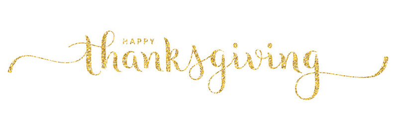 HAPPY THANKSGIVING gold glitter vector brush calligraphy banner on white background