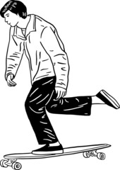 Fototapeta na wymiar Young man riding skateboard Extreme sport outdoor activity Hand drawn line art illustration vector 