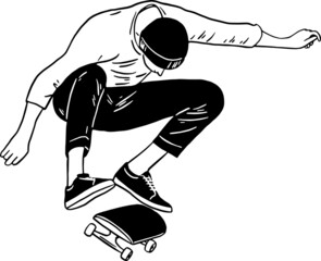 Young man riding skateboard Extreme sport outdoor activity Hand drawn line art illustration vector - obrazy, fototapety, plakaty