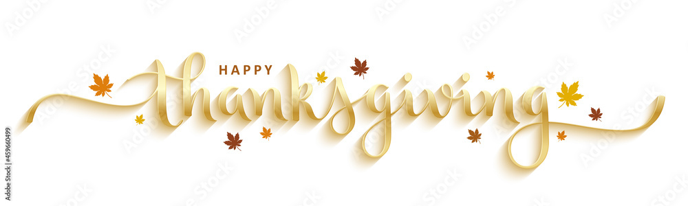 Wall mural happy thanksgiving metallic gold vector brush calligraphy banner with autumn leaves on white backgro - Wall murals