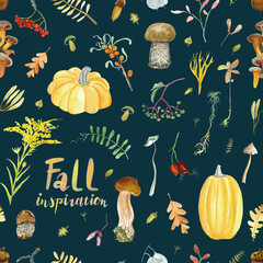 Fall inspiration watercolour pattern on the dark blue background for your design