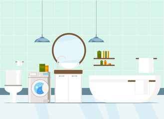 Obraz na płótnie Canvas bathroom interior with bath, toilet, washbasin, mirror, shelves, towels. flat vector illustration