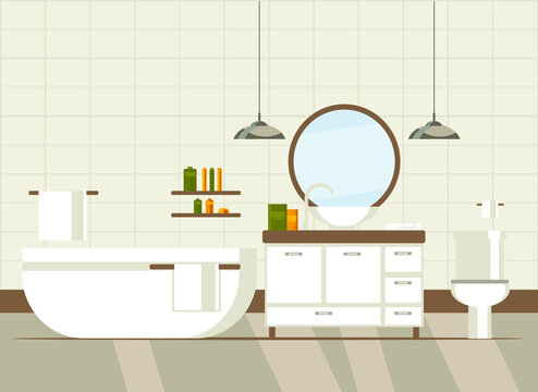 bathroom interior with bath, toilet, washbasin, mirror, shelves, towels. flat vector illustration