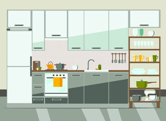 kitchen interior with furniture and equipment , flat vector illustration
