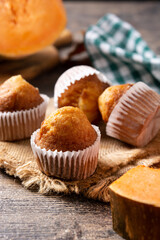 Pumpkin muffins on wooden table	