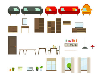 set of living room furniture (sofa, armchair, table, window, lamps, houseplants, TV, carpet, window, paintings, bookshelves). flat style, vector illustration
