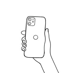 Back of the phone in hand on an isolated white background. Vector illustration hand drawn sketch