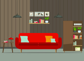 living room interior with furniture  (sofa, window, table, shelves with books and home flowers, floor lamp). flat cartoon vector illustration