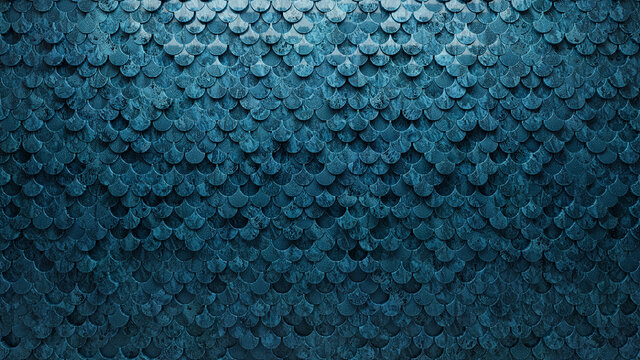 Polished, Fish Scale Mosaic Tiles arranged in the shape of a wall. 3D, Blue Patina, Bricks stacked to create a Glazed block background. 3D Render