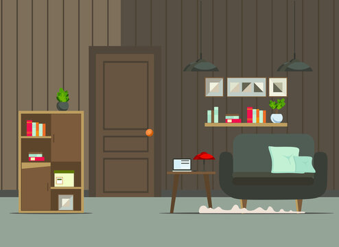 living room interior with furniture  (sofa, window, table, shelves with books and home flowers, floor lamp). flat cartoon vector illustration
