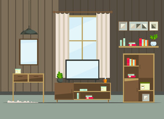living room interior with furniture  (sofa, window, table, shelves with books and home flowers, floor lamp). flat cartoon vector illustration