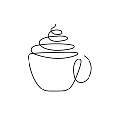 Continuous one line drawing cup with creamy drink. Drink store Logo concept. Abstract hand drawn cup of hot drink, cappuccino or cocoa by one line. Winter Simple symbol. Fashionable trend vector