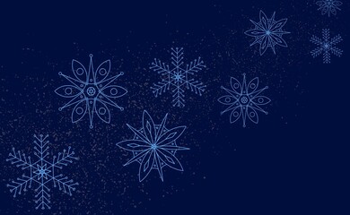 Fototapeta na wymiar Snowflakes going into the distance on a blue background. It can be used for postcards, gift wrapping. congratulations.