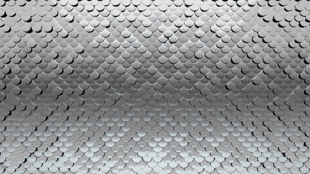 3D, Glossy Mosaic Tiles arranged in the shape of a wall. Polished, Silver, Bullion stacked to create a Fish Scale block background. 3D Render