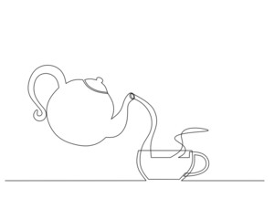 Tea is pouring into a cup from a teapot. Kettle and cup. Graphics in minimalism style. One line drawing. Continuous line Breakfast concept.