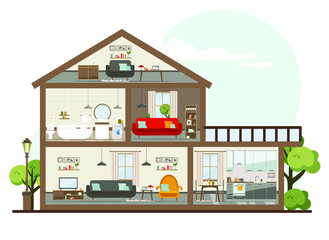 House in a cut. Detailed modern home interior. rooms with furniture. flat vector illustration