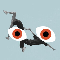 Contemporary art collage of two contempoary dancers and big drawn eyes isolated over pastel blue background. Party concept