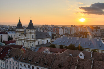 Sunset view to historic center and Cathedral of Resurrection of Christ from City Hall building. Ivano-Frankivsk, Ukraine