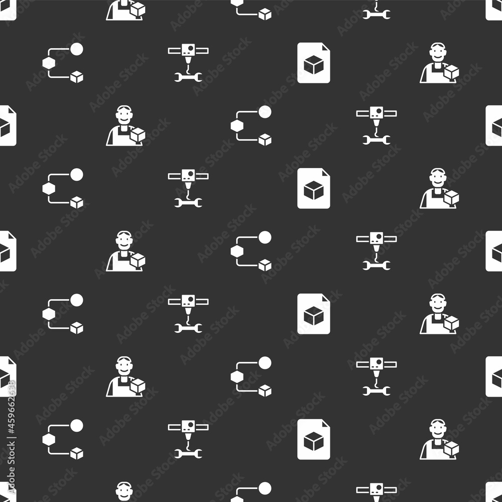 Poster set isometric cube file, graphic designer, and 3d printer wrench spanner on seamless pattern. vector
