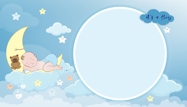 Baby shower card,Cute little boy sleeping on crescent moon, milk bottle and teddy bear on Blue Sky and Clouds layers background,Vector Paper cut cloudscape backdrop with copy space for baby's photos