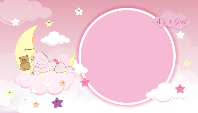 Baby shower card,Cute little girl sleeping on crescent moon, milk bottle and teddy bear on pink Sky and Clouds layers background,Vector Paper cut cloudscape backdrop with copy space for baby's photos