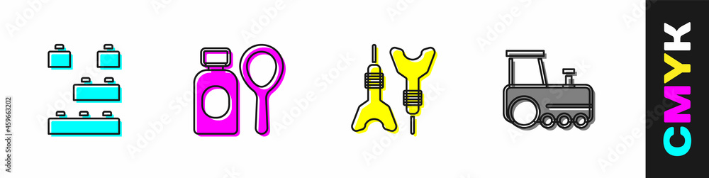 Poster set toy building block bricks, soap bubbles bottle, dart arrow and train icon. vector