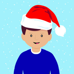 Boy in Santa claus hat on blue background. Vector illustration for christmas card.