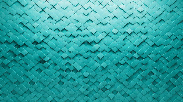 Teal, Arabesque Mosaic Tiles arranged in the shape of a wall. Polished, 3D, Bricks stacked to create a Semigloss block background. 3D Render