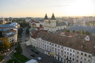 Sunset view to historic center and Cathedral of Resurrection of Christ from City Hall building. Ivano-Frankivsk, Ukraine
