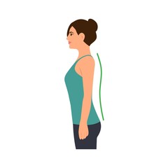 Correct and incorrect standing posture.Young woman with bad posture. Cervical spinal curvature. Hump. Good posture. Healthy back.Vector illustration on white background.