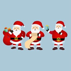 Christmas set of Santa Claus vector design on a rusty light blue background. Santa Claus elements design collection with a blue color gift. Santa Clause vector illustration for the Christmas event.Chr