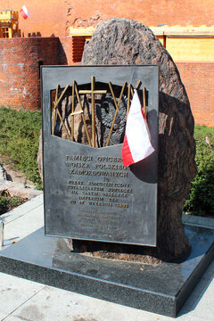Warsaw, Poland - May 1, 2019: Monument commemorating officers of the Polish Army murdered by the Soviet NKVD in Katyn.