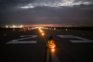 airport runway lights in the evening