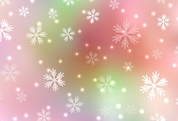 Light Pink, Yellow vector background with beautiful snowflakes, stars.