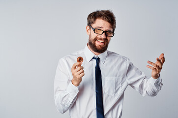 Cheerful male financier cryptocurrency Bitcoin investment electronic finance