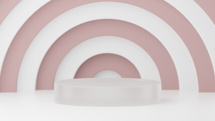 Minimal style abstract background for a product. Glass pedestal with a half-grove pink background. 3d visualization