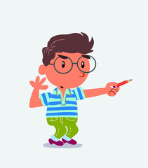 cartoon character of little boy on jeans doubts while pointing to the side with a pencil.