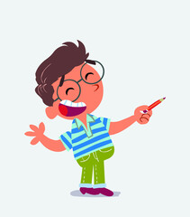 cartoon character of little boy on jeans is happy while pointing to the side with a pencil.