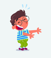 cartoon character of little boy on jeans laughing a lot while showing something.