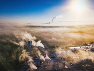 Propellant effect- nature and industry - misty landscape from above with you on the power station - obrazy, fototapety, plakaty