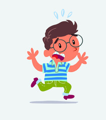 cartoon character of little boy on jeans runs away in terror.