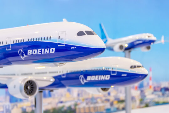 Boeing 787, 777 X, 737 max airliner model dreamliner at the stand of the company corporation. Russia. Moscow. 22 July 2021.