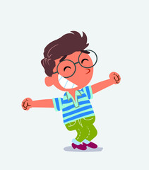 Euphoric little boy on jeans in funny cartoon character.