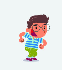 Euphoric cartoon character of little boy on jeans makes plans.