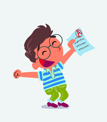 euphoric cartoon character of little boy on jeans raises his arms with exam in hand.