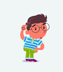 funny cartoon character of little boy on jeans doubting.