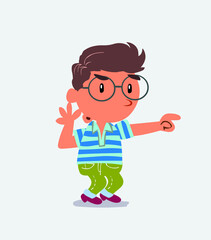 Surprised cartoon character of little boy on jeans points to something.