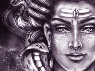 Transcendental spiritual image of Lord Shiva in the background of the cosmos. Gurudeva. Mahamaya. Digital art.