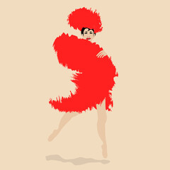 A showgirl poses in a feathery costume.